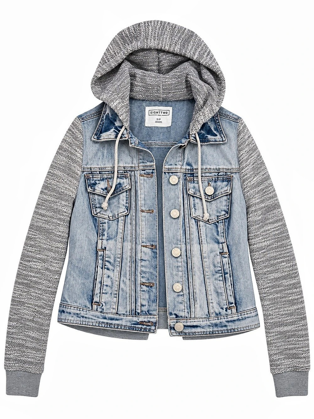 EIGHTYTWO Denim Hooded Jean Jacket Grey Knit Sleeves Women’s Small